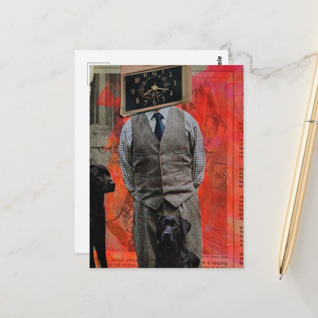 Surreal Vintage Alarm Clock Head man Collage Postcard (Front/Back In Situ)