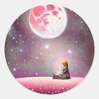 Surreal Vintage Girl & Full Pink Moon Classic Round Sticker