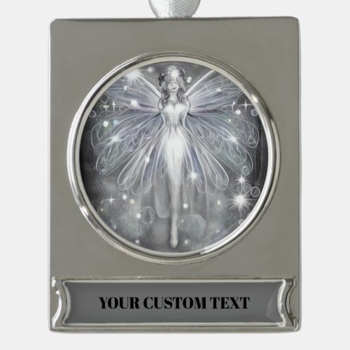 Surreal Vintage Painted White Sparkle Fairy Silver Plated Banner Ornament