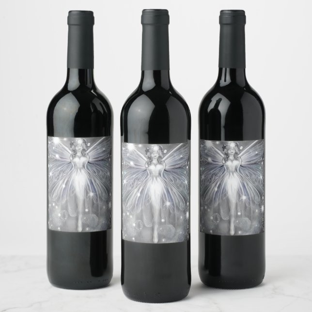 Surreal Vintage Painted White Sparkle Fairy Wine Label (Bottles)