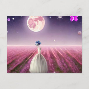 Surreal Vintage Pink Field Bride & Moon Postcard