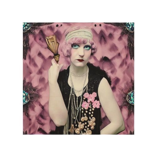 Surreal Vintage Pink Hair Flapper Woman Wood Wall Art