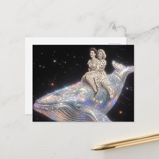 Surreal Vintage Woman Ride Whale Postcard (Front/Back In Situ)
