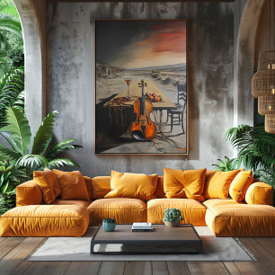 Surreal Violin and Hourglass on Deserted Table Poster