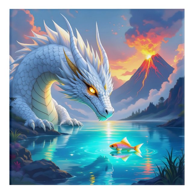 Surreal White Dragon and Gold Fish Acrylic Print (Front)
