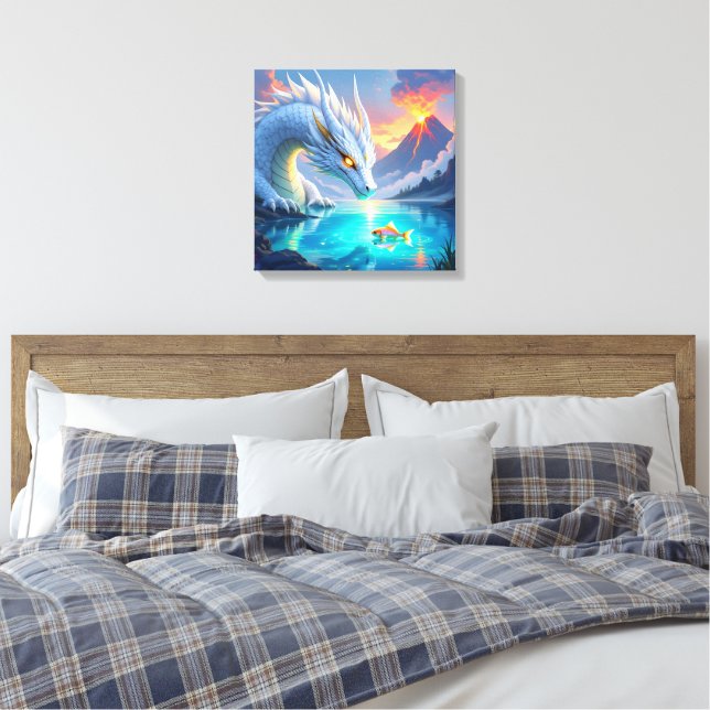 Surreal White Dragon and Gold Fish Canvas Print (Insitu(Bedroom))
