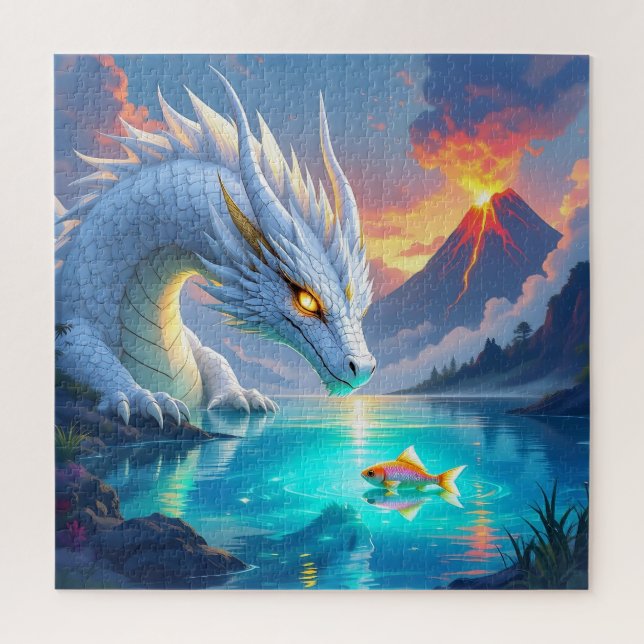 Surreal White Dragon and Gold Fish Jigsaw Puzzle (Vertical)