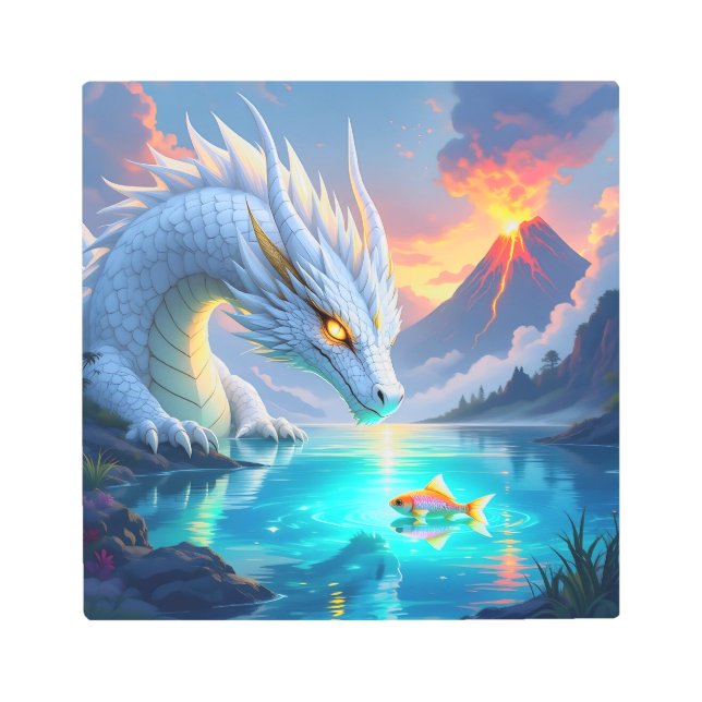 Surreal White Dragon and Gold Fish Metal Print (Front)