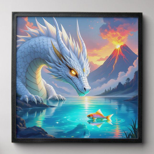 Surreal White Dragon and Gold Fish Peel And Stick Photo Tile (Front Set)