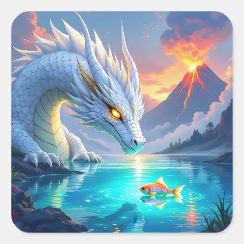 Surreal White Dragon and Gold Fish Square Sticker
