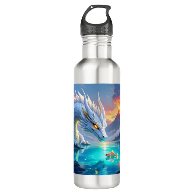 Surreal White Dragon and Gold Fish Stainless Steel Water Bottle (Front)