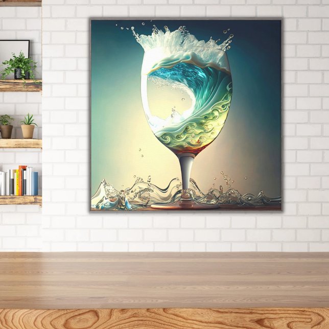 Surreal Wine Glass with Ocean Waves Canvas Print (Surrealist Wine Goblet Glass with Crashing Ocean Waves for Bar or Kitchen Cool Palette)