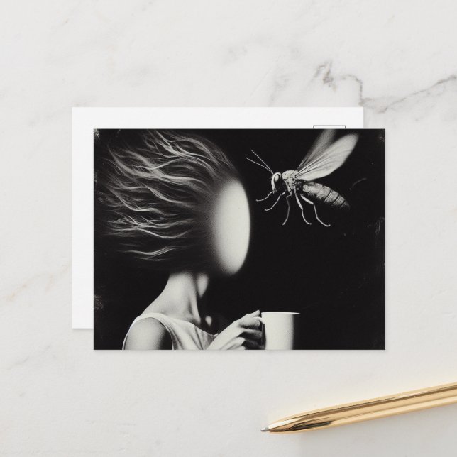 Surreal Woman and Bee Morning Coffee Postcard (Front/Back In Situ)