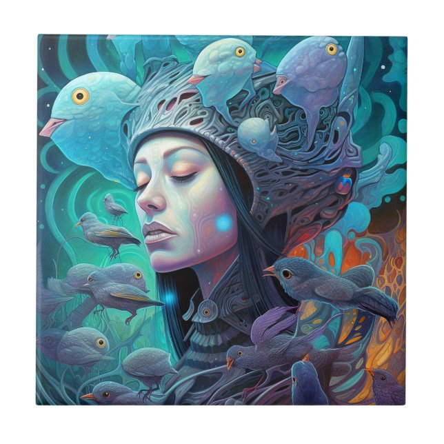 Surreal Woman Birds Visionary Art Ceramic Tile (Front)