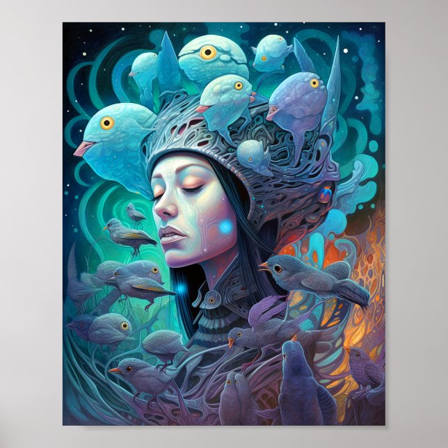 Surreal Woman Birds Visionary Art Poster (Front)