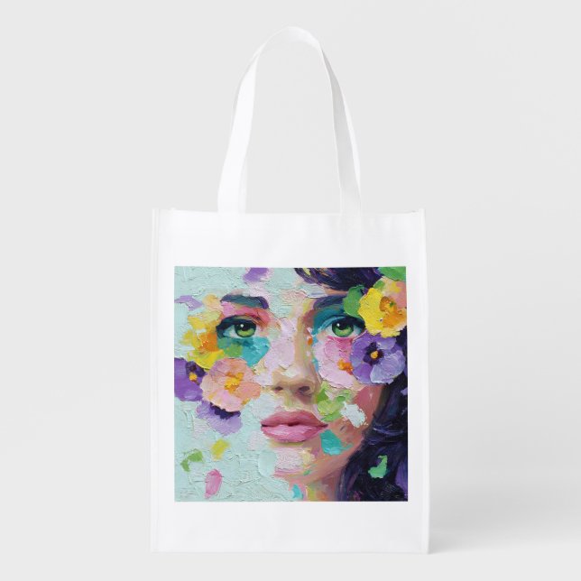 Surreal Woman Floral Eyes Petals Wind Wall Art Grocery Bag (Front)