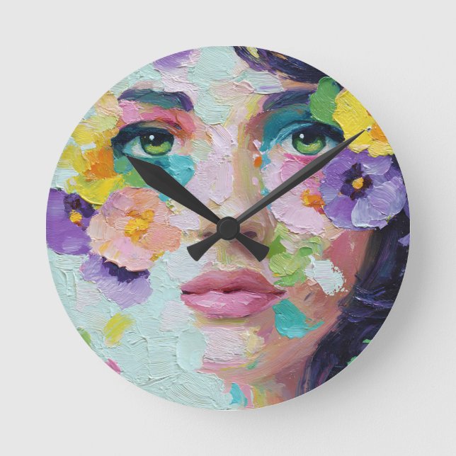 Surreal Woman Floral Eyes Petals Wind Wall Art Round Clock (Front)