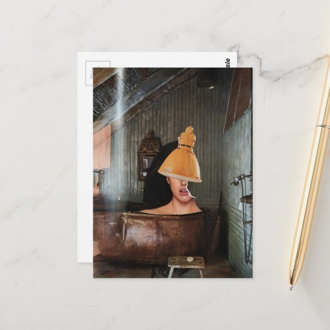 Surreal woman in rustic copper bathtub collage postcard (Front/Back In Situ)