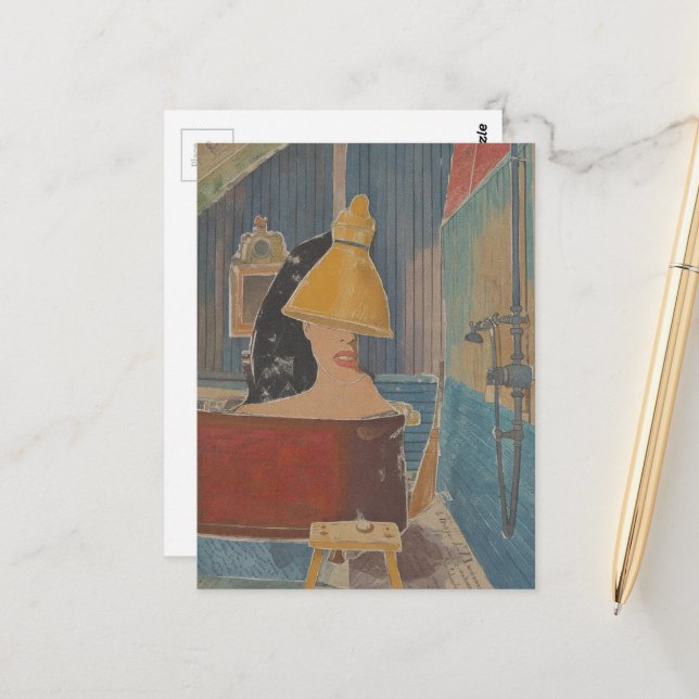Surreal woman in rustic copper bathtub collage postcard (Front/Back In Situ)