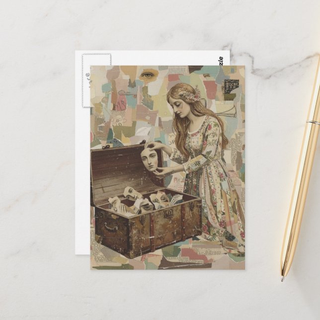 Surreal Woman Picking Up the Pieces of Herself Postcard (Front/Back In Situ)