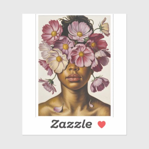 Surreal Woman Portrait Floral Eyes Pink Cosmos Sticker