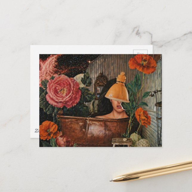Surreal woman rustic copper bathtub flowerscollage postcard (Front/Back In Situ)