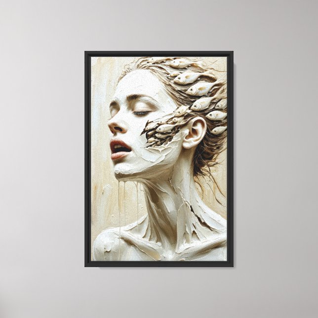 Surreal Woman with Fish and Sculpted Canvas Print (Front)