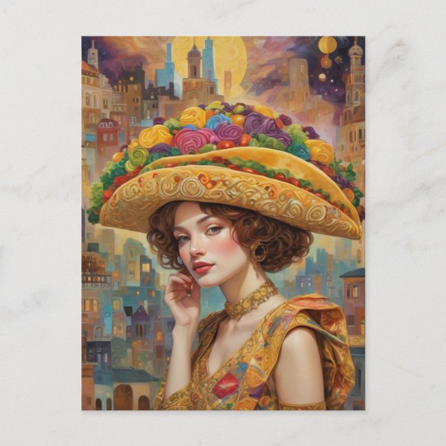 Surreal Woman With Giant Taco Hat Postcard (Front)