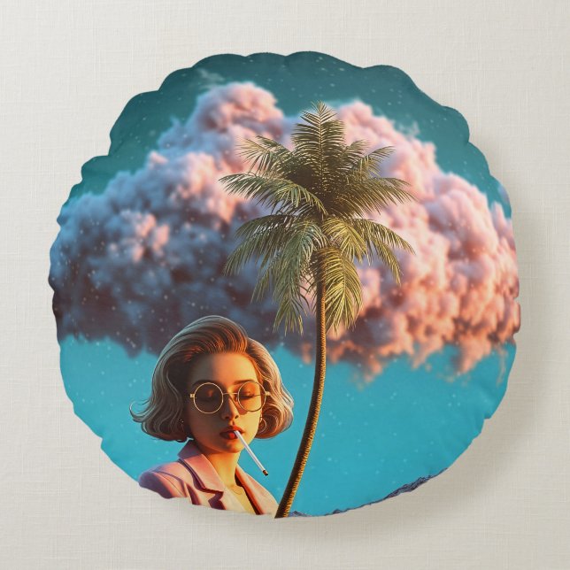 Surreal Woman with Palm Tree Round Pillow (Front)