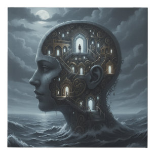 Surreal Woman's Head With Rooms Emerges From Sea Faux Canvas Print