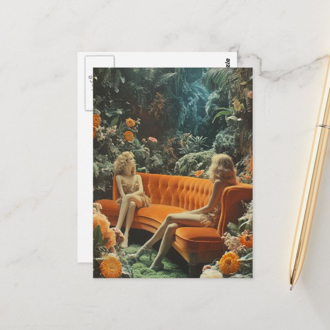Surreal Women Orange Vintage Couch in Jungle Postcard (Front/Back In Situ)