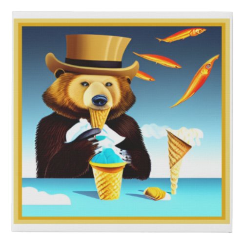 Surrealism Bear In Hat Eating Ice Cream With Fish Faux Canvas Print