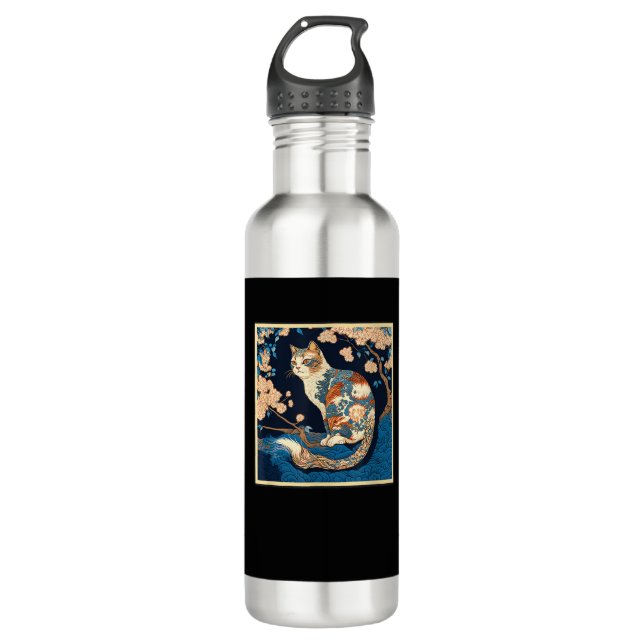 Surrealism Japanese Painting Neva Masquerade cat Stainless Steel Water Bottle (Front)