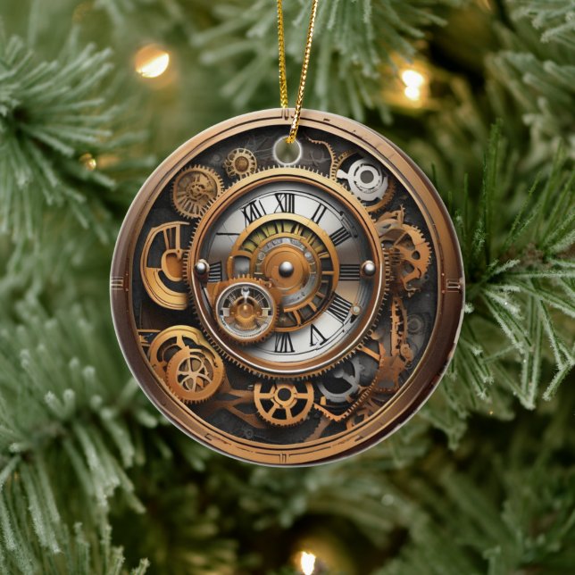 Surrealism Steampunk Time Clock Gears Ceramic Ornament (Tree)
