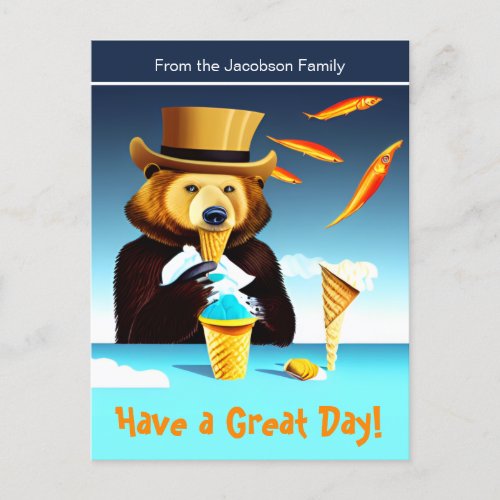 Surrealist Art Bear Wearing Hat Eating Ice Cream Postcard