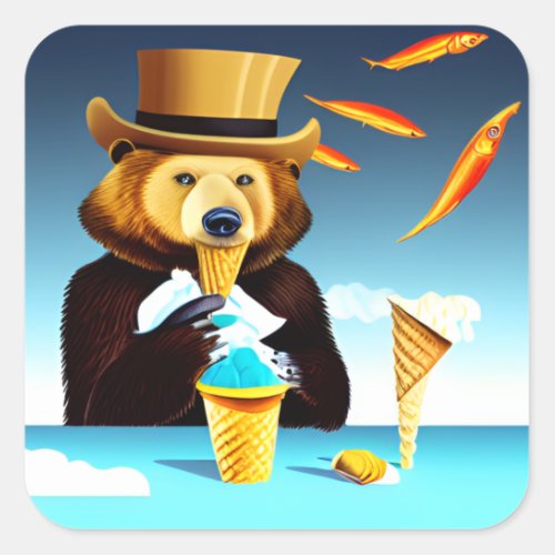 Surrealist Art Bear Wearing Hat Eating Ice Cream Square Sticker