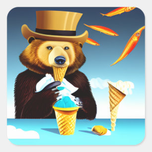 Surrealist Art Bear Wearing Hat Eating Ice Cream Square Sticker