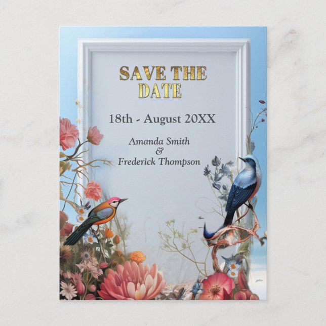 Surrealist Art with Flowers & Birds Announcement Postcard (Front)