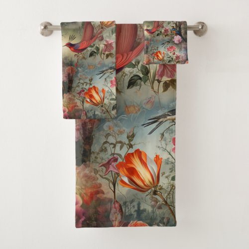 Surrealist Art with Flowers  Birds Bath Towel Set