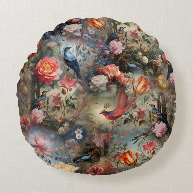 Surrealist Art with Flowers & Birds Round Pillow (Front)