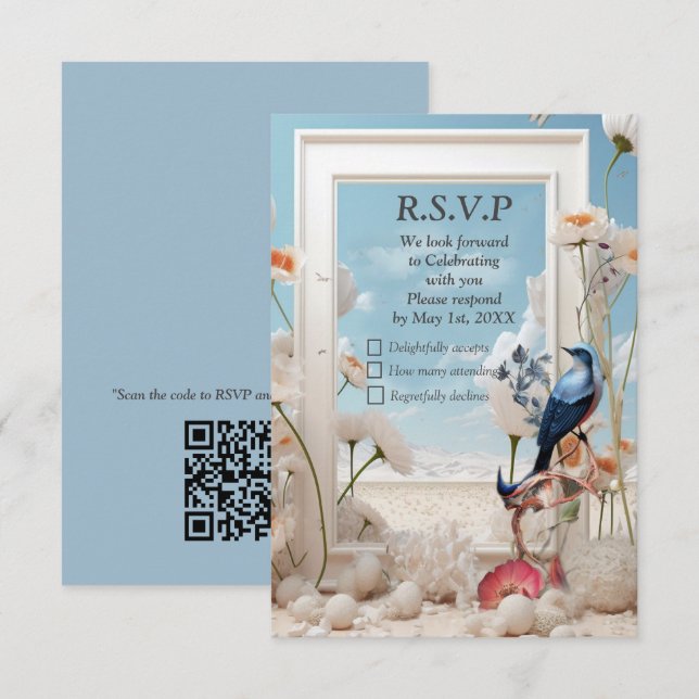 Surrealist Art with Flowers & Birds RSVP Card (Front/Back)
