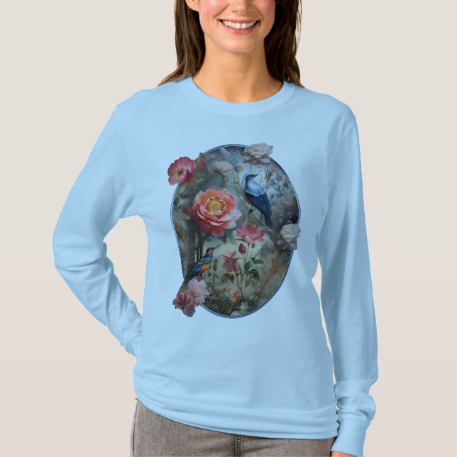 Surrealist Art with Flowers & Birds T-Shirt (Front)