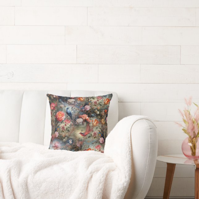 Surrealist Art with Flowers & Birds Throw Pillow (Couch)