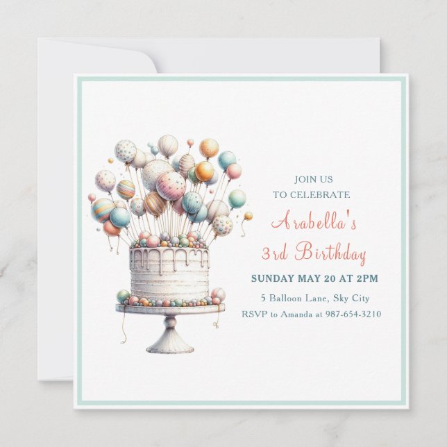 Surrealist, Cute Balloons and Birthday Cake Square Invitation (Front)