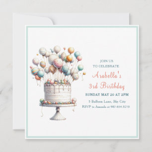 Surrealist, Cute Balloons and Birthday Cake Square Invitation