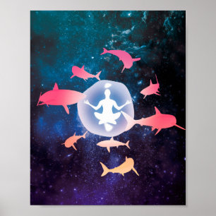 Surrealistic Space Sharks and Meditation Art Poster