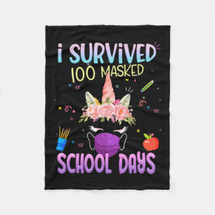 Survived 100 Masked School Days Unicorn Wearing Ma Fleece Blanket