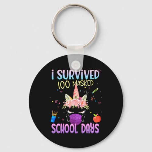 Survived 100 Masked School Days Unicorn Wearing Ma Keychain