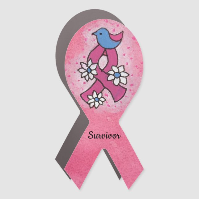 Survivor Breast Cancer Bird Flowers Pink Ribbon Car Magnet (Front)