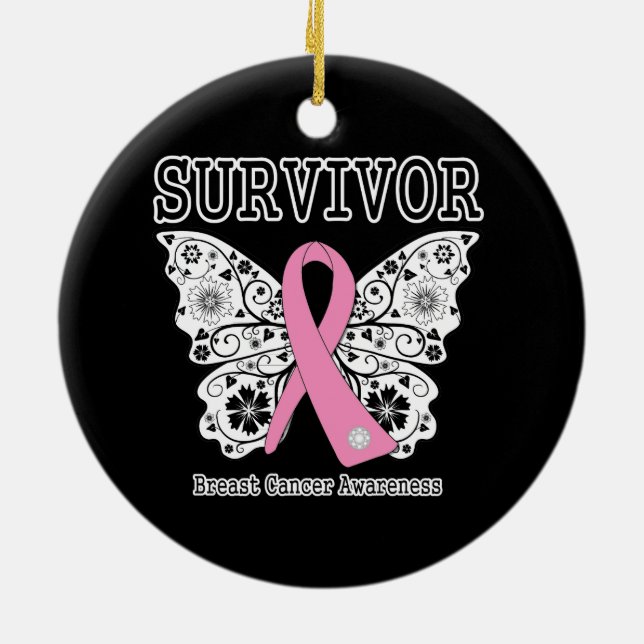 SURVIVOR - Breast Cancer Butterfly Ceramic Ornament (Back)
